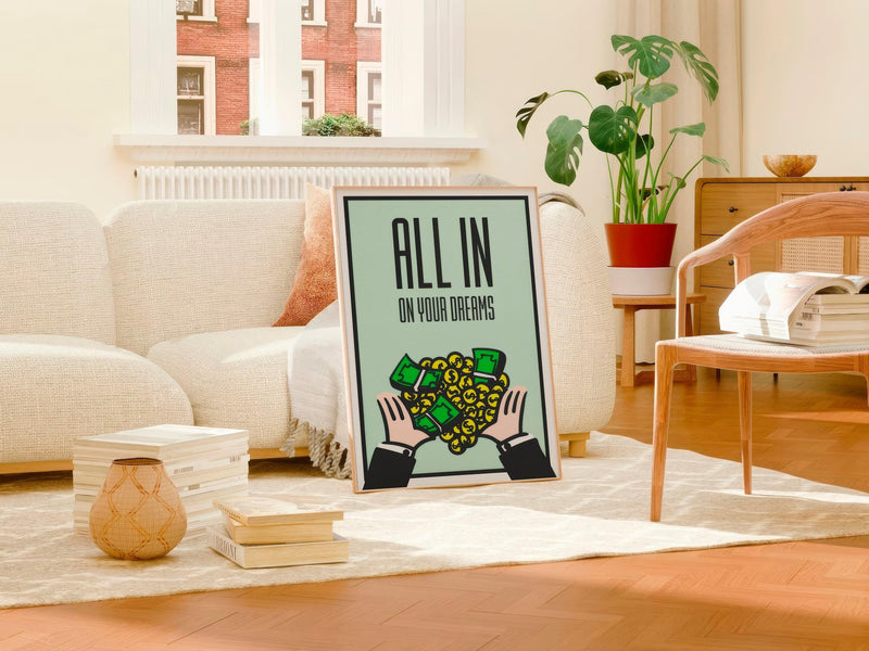 Mint green ALL IN On Your Dreams poster leaning against a sofa in a sunlit living room