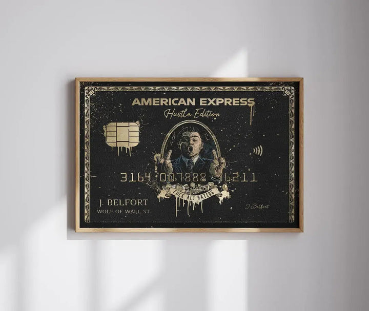 Wolf of Wall Street motivational art canvas. Parody black American Express card featuring Jordan Belfort with gold details on a white wall.