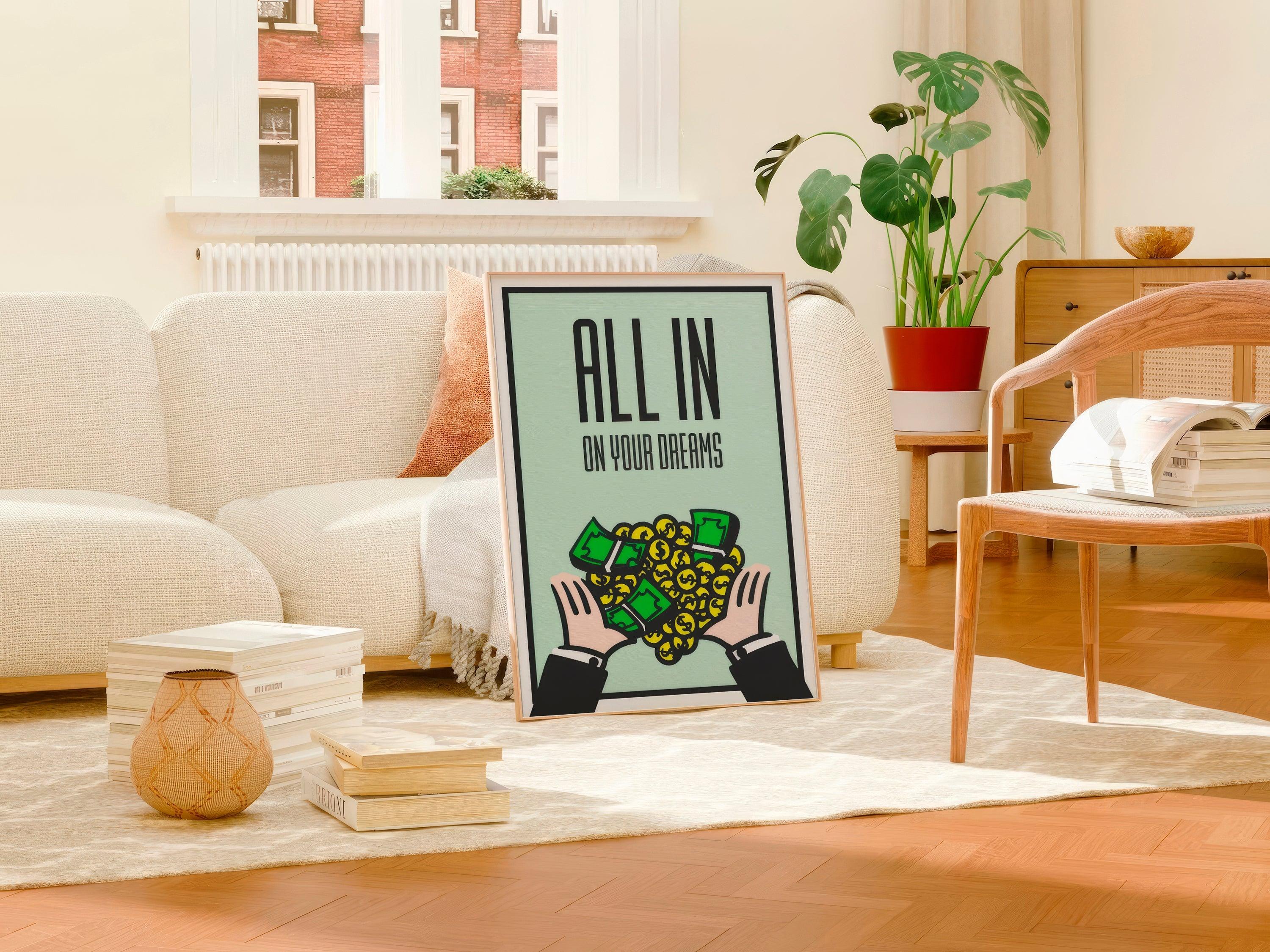Mint green ALL IN On Your Dreams poster leaning against a sofa in a sunlit living room