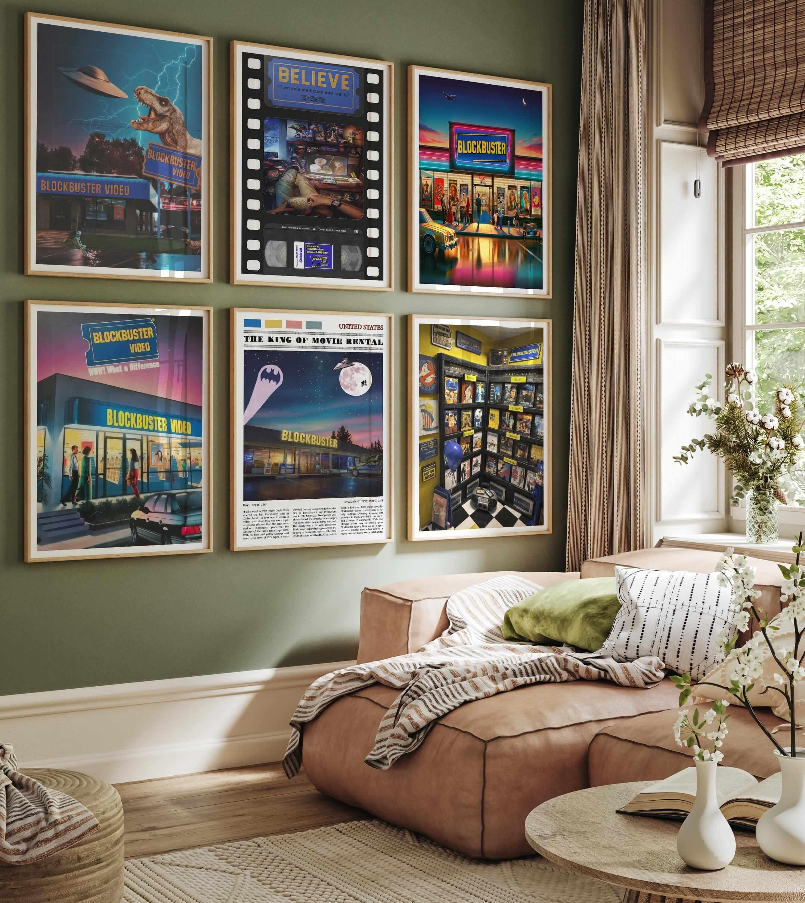 Blockbuster gallery wall set of six retro prints on olive green wall beside a window
