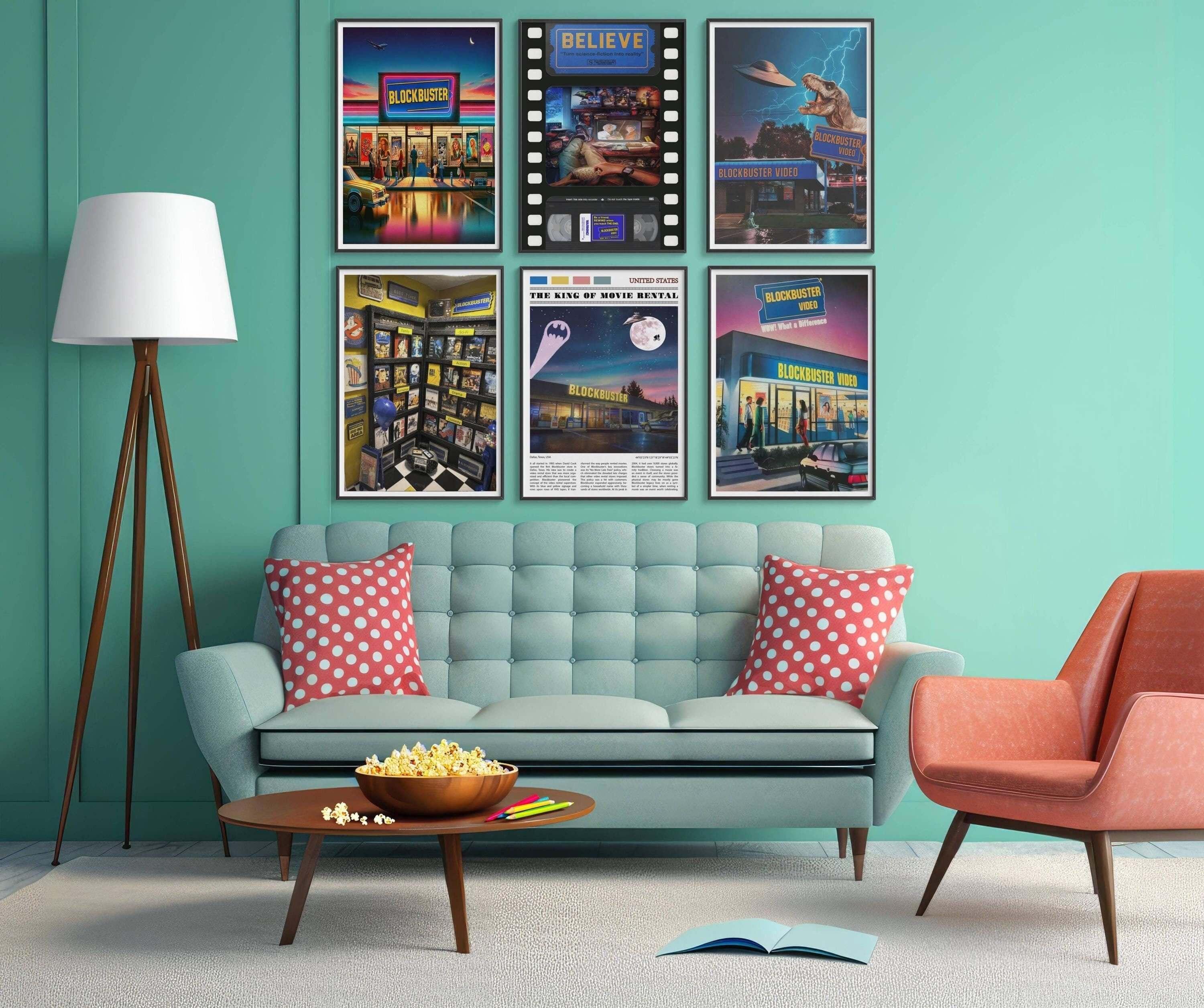 Six framed Blockbuster Video canvas prints hung in a grid above a mint green sofa