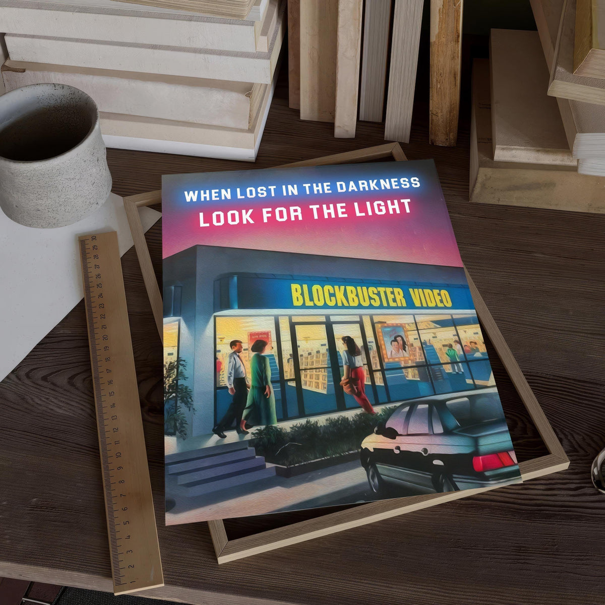 Unframed retro poster print resting on a wooden desk beside a ruler and stacked books