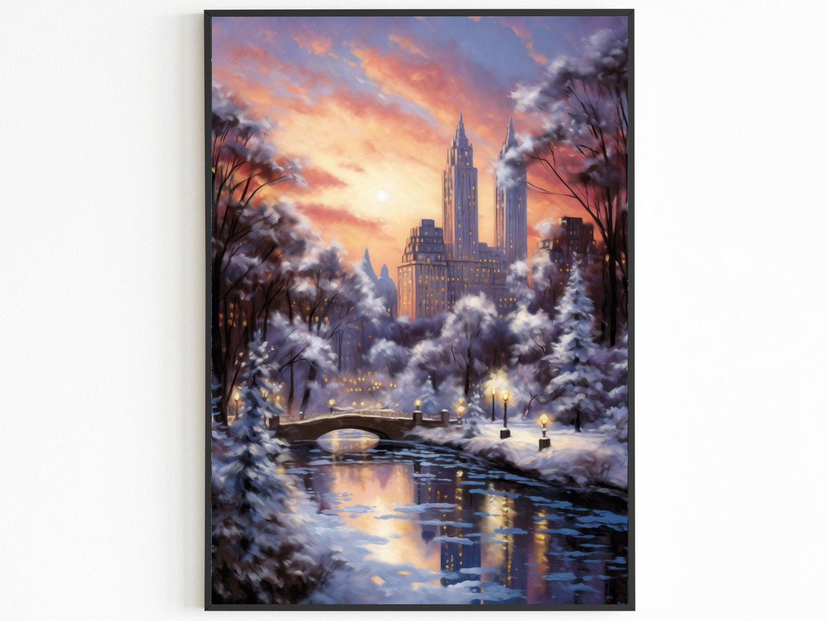 New York Winter Poster, Central Park Poster, Sunset Lights, Decor For World Traveller, Oil Painting Christmas Gift, Aesthetic Snowing - DreamBrothers