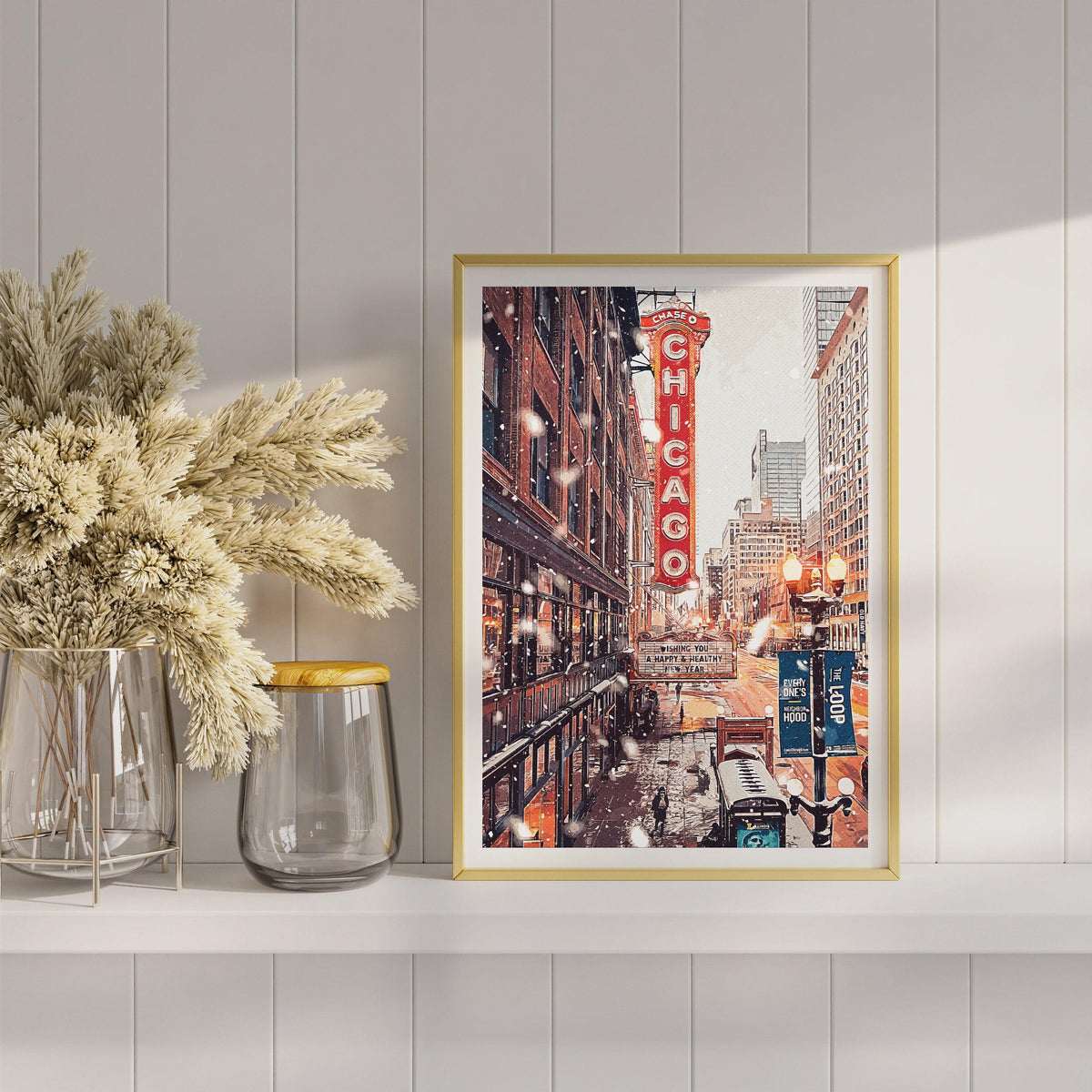 Chicago Poster, Christmas Winter Light Print, Theater Sign, Illinois State Gift, Snowflake Photo, New Year Light, United States Poster - DreamBrothers
