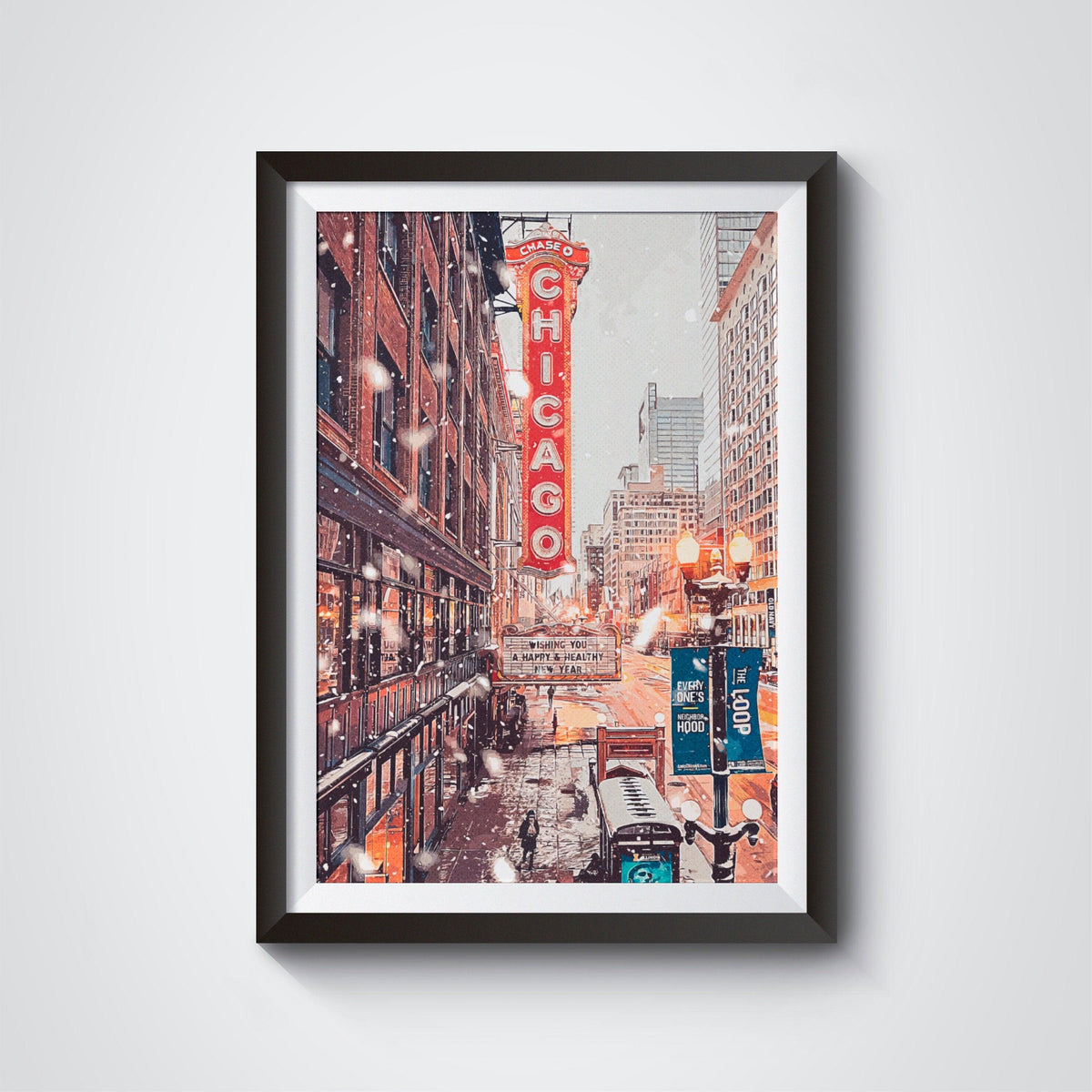 Chicago Poster, Christmas Winter Light Print, Theater Sign, Illinois State Gift, Snowflake Photo, New Year Light, United States Poster - DreamBrothers