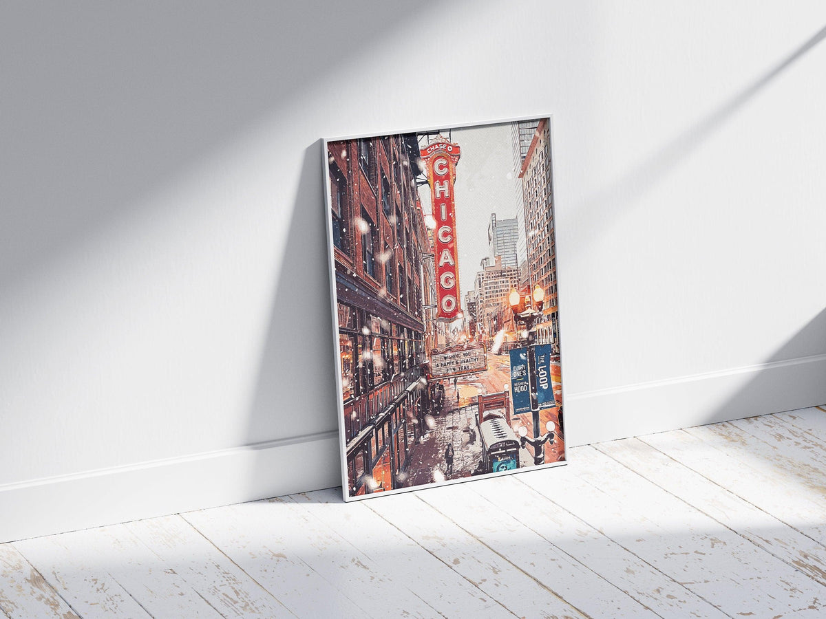 Chicago Poster, Christmas Winter Light Print, Theater Sign, Illinois State Gift, Snowflake Photo, New Year Light, United States Poster - DreamBrothers