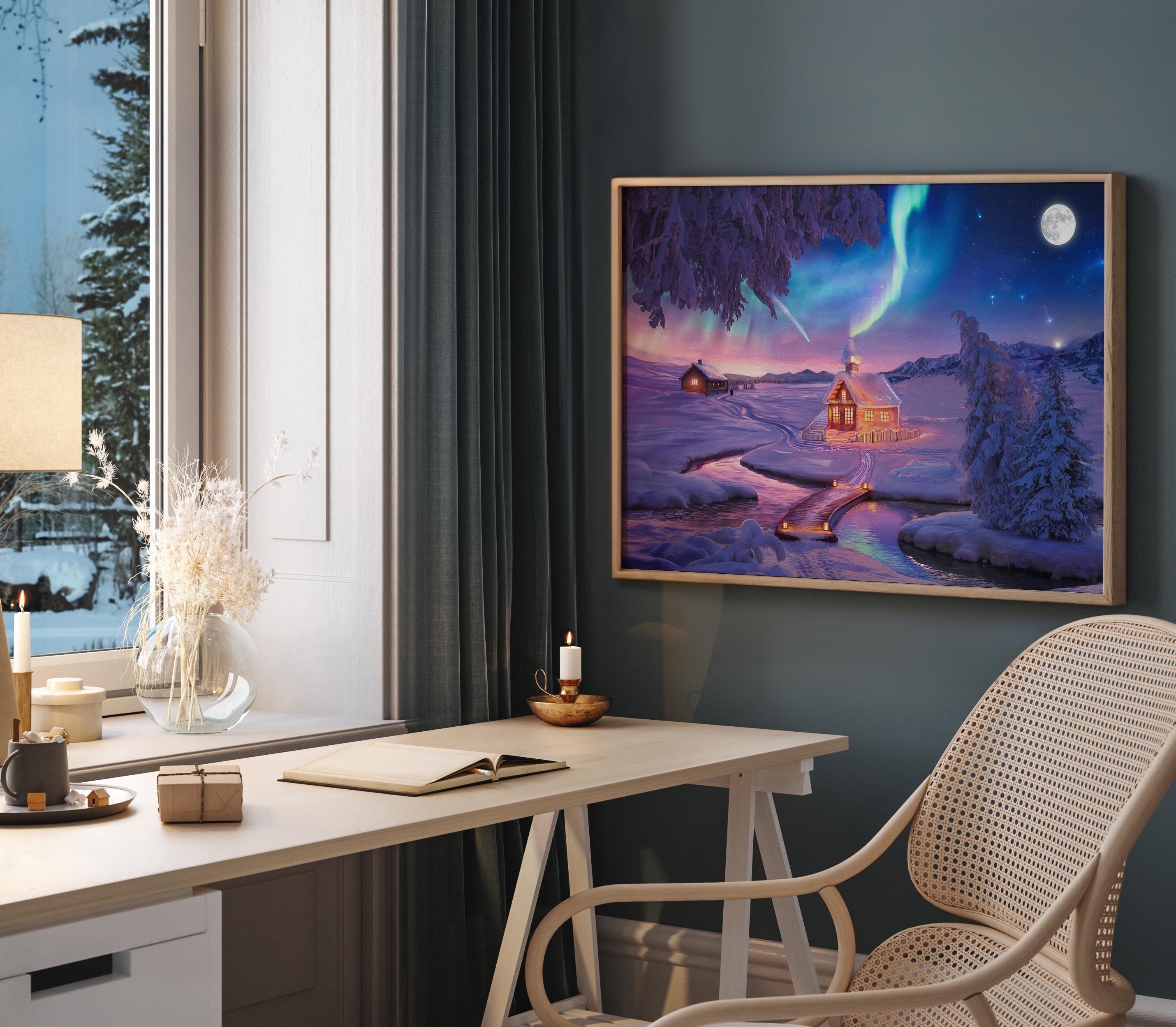 Colorful Winter Wonderland Oil Painting Wall Art | Northern Lights Landscape Decor | Panoramic Poster