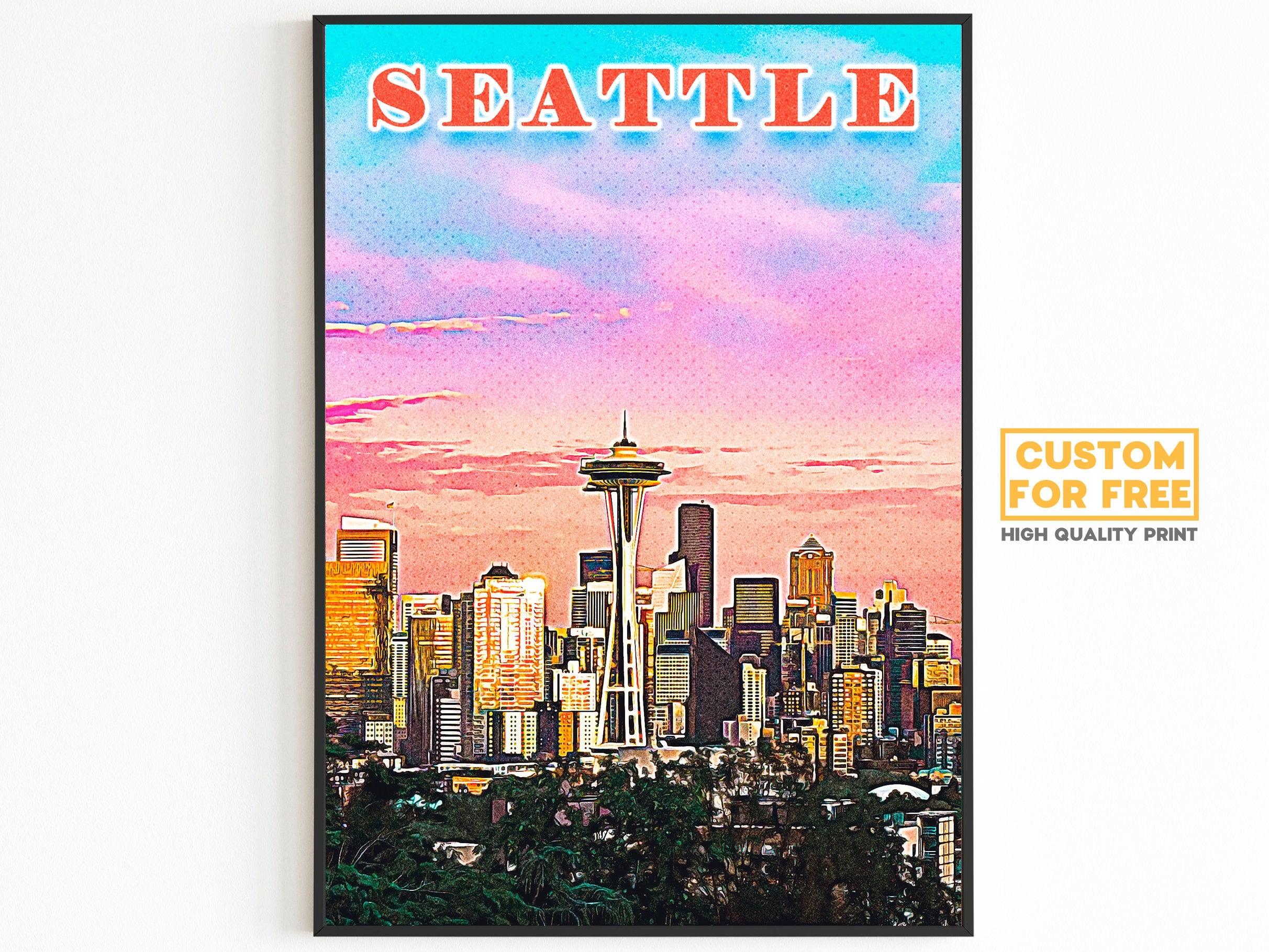 Seattle Poster • Printable Wall Art For World Traveller • Pink Orange Colorful • Retro Vibrant Print • USA Travel Gift • Digital Download