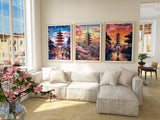 Poster di Kyoto, stampa di fiori di ciliegio rosa, 3 pezzi di arte murale stampabile, set di 3 poster di viaggio, set colorato giapponese, poster retrò estetico
