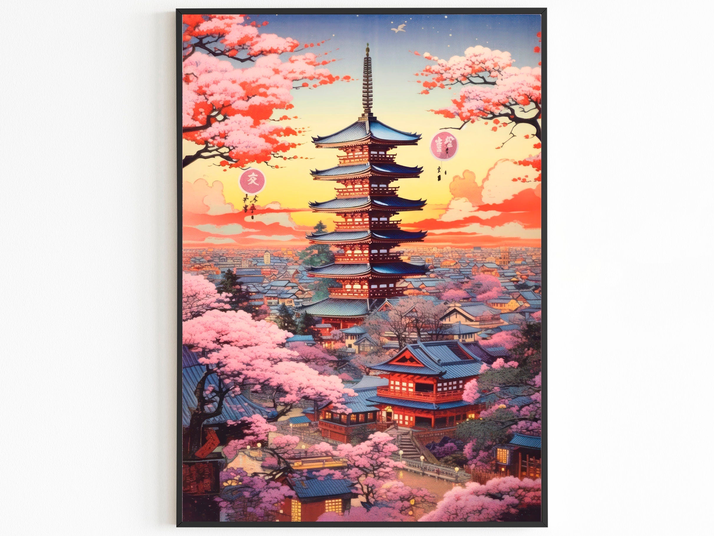 Kyoto Vintage Travel Poster, Pink Japanese Blossom, Orange Clouds, Sakura Decor, Japanese Colorful, Aesthetic Pink Printable Wall Art - DreamBrothers