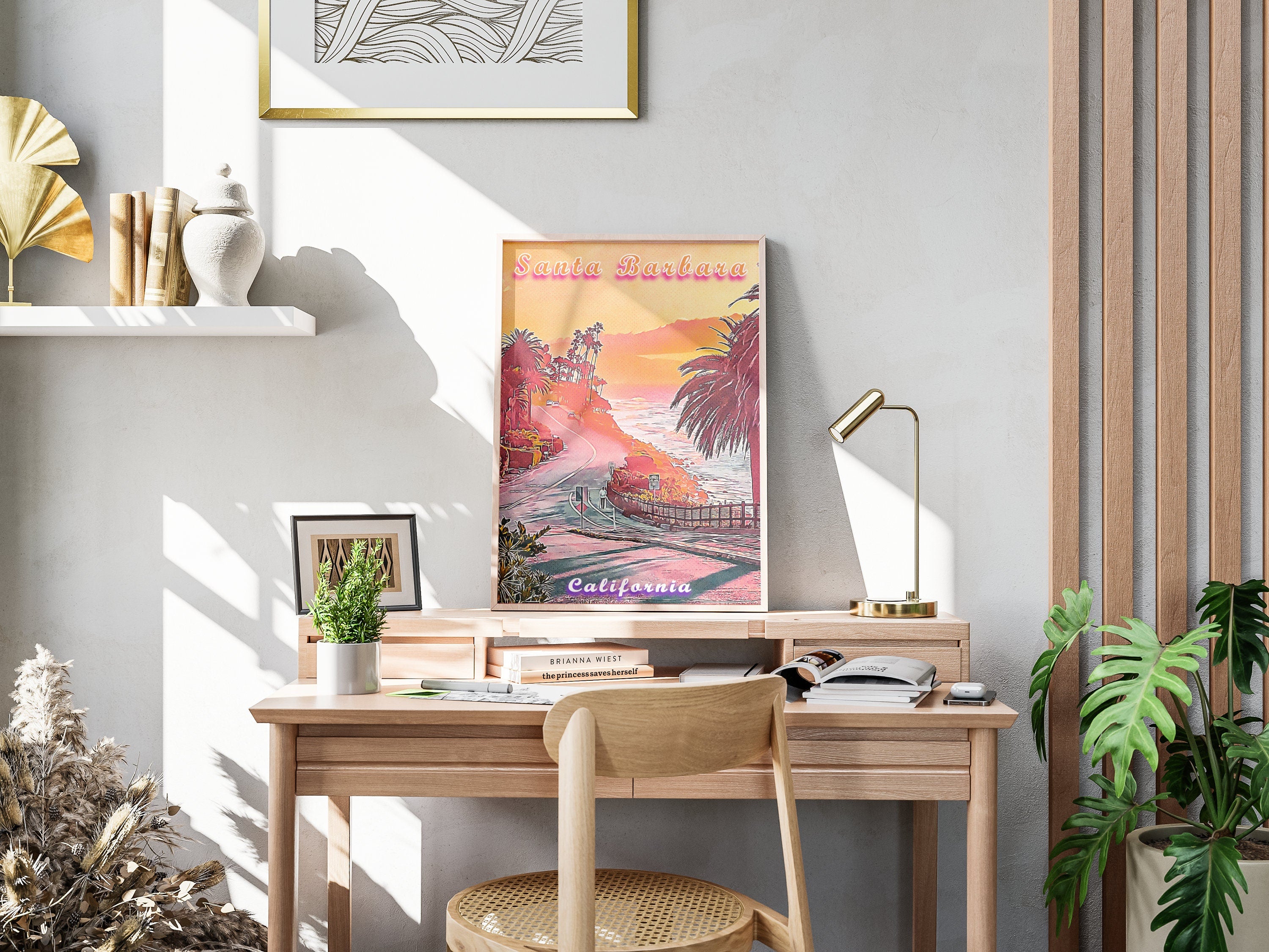 Santa Barbara Vaporwave Poster, California Colorful Gift, Pink Orange Sunset, Vibrant Printable Wall Art, Aesthetic Retro Summer Poster - DreamBrothers
