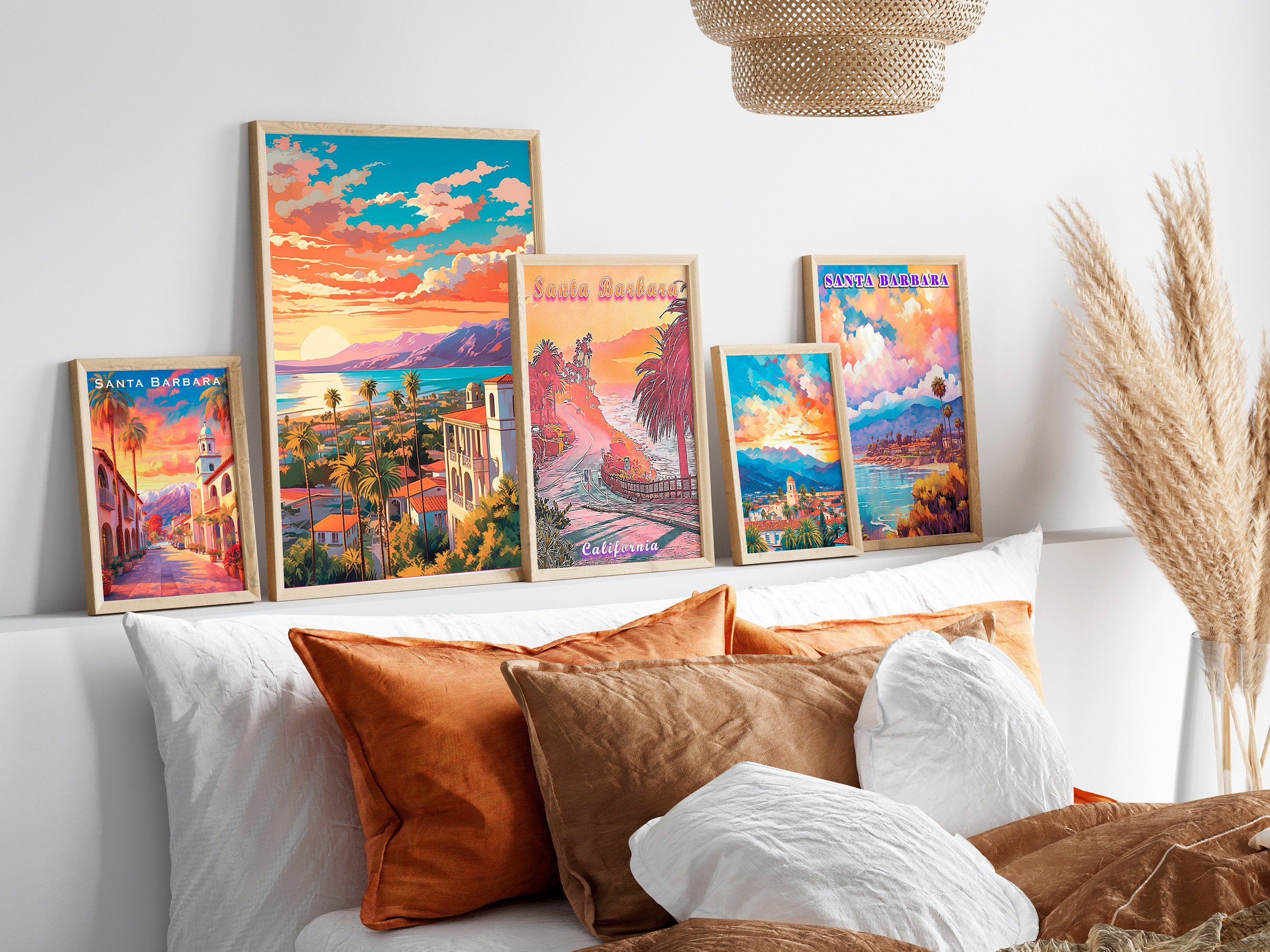 Santa Barbara Poster, 5 Piece Printable Wall Art, Sunset Pastel, California Travel Set, Set of 5 Travel Prints, Vibrant Retro Poster - DreamBrothers