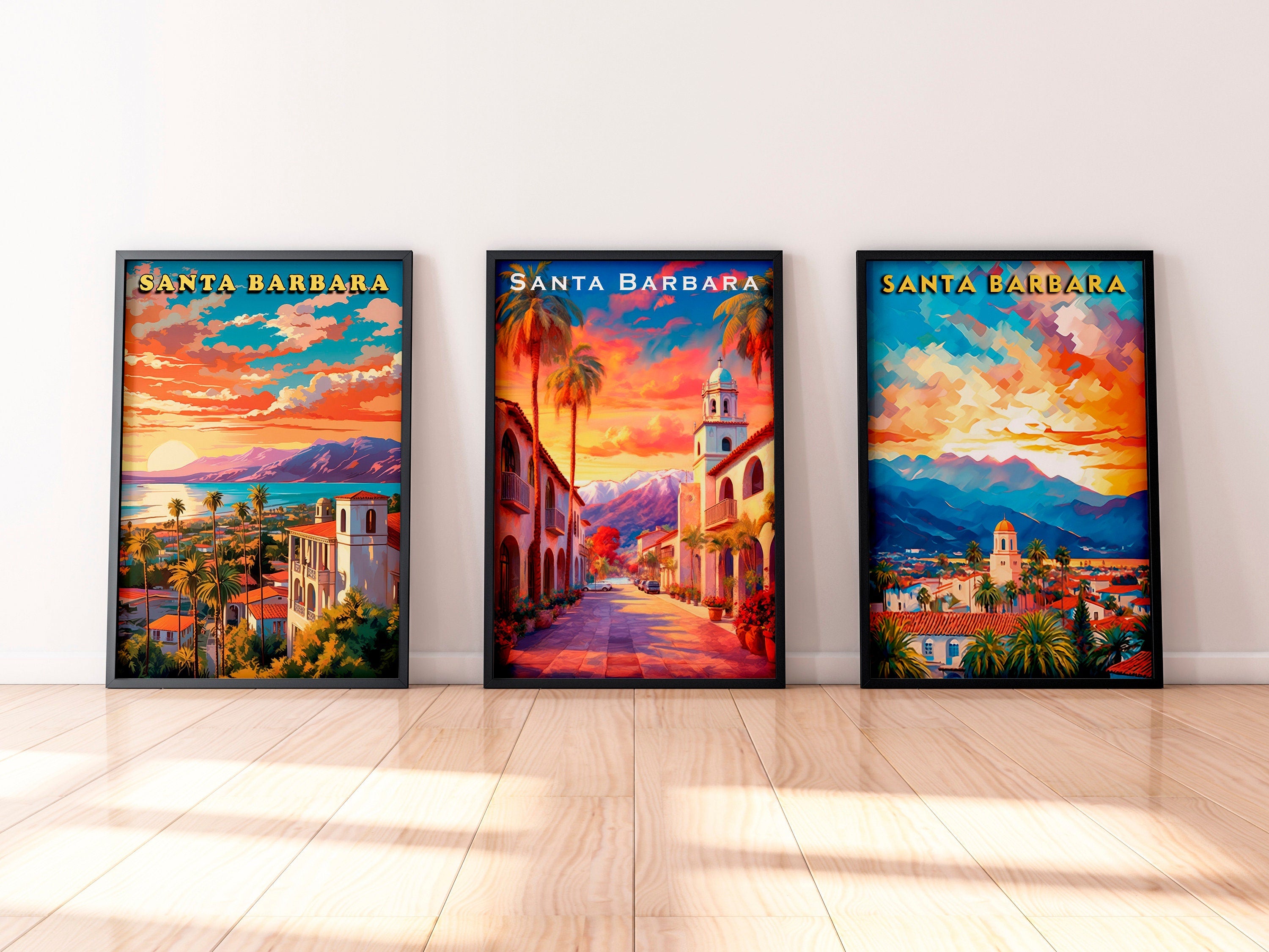 Santa Barbara Prints, 3 Piece Printable Wall Art, Set of 3 Travel Poster, California Colorful Sunset, Vibrant Retro Poster, Digital Download - DreamBrothers