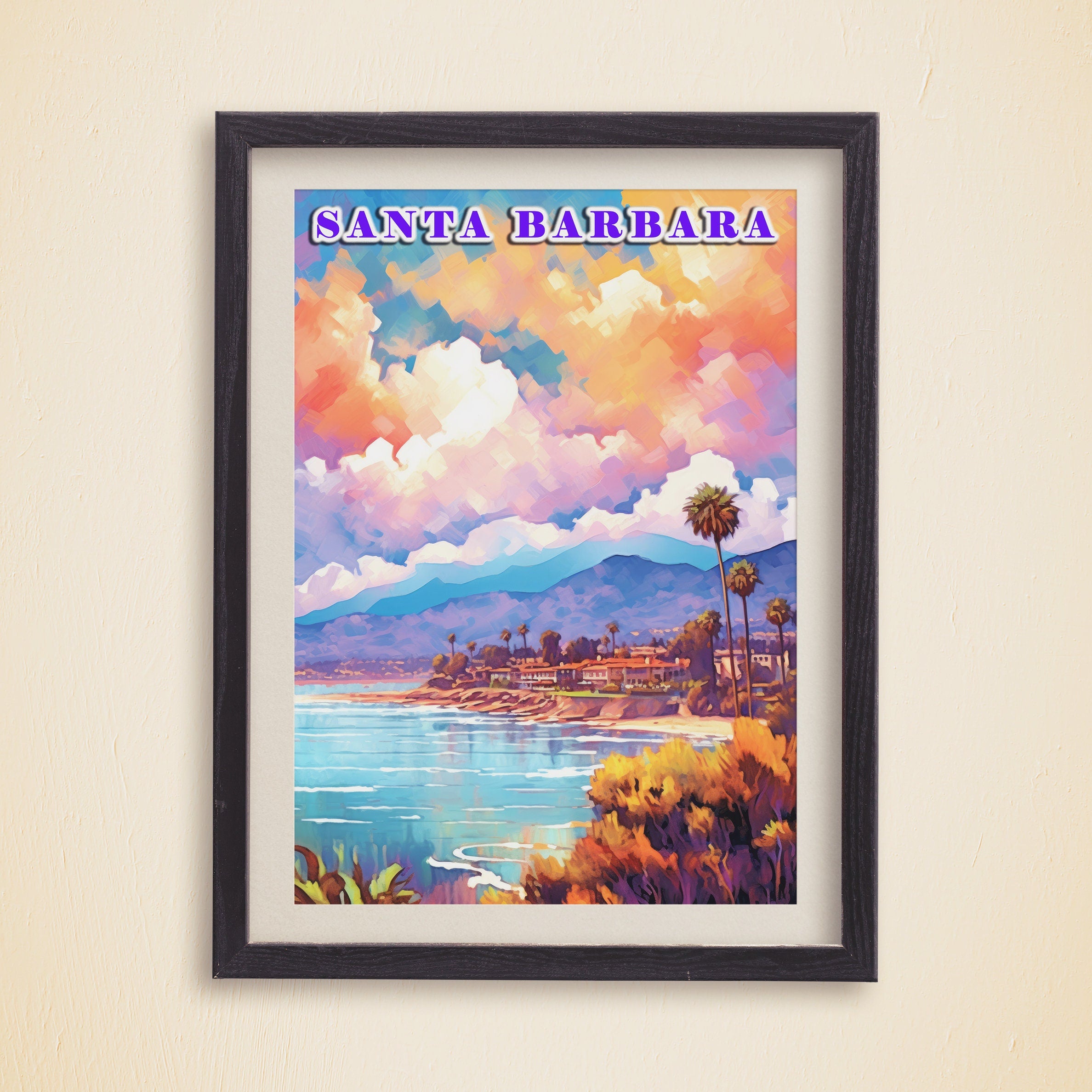 Santa Barbara Poster, 5 Piece Printable Wall Art, Sunset Pastel, California Travel Set, Set of 5 Travel Prints, Vibrant Retro Poster - DreamBrothers