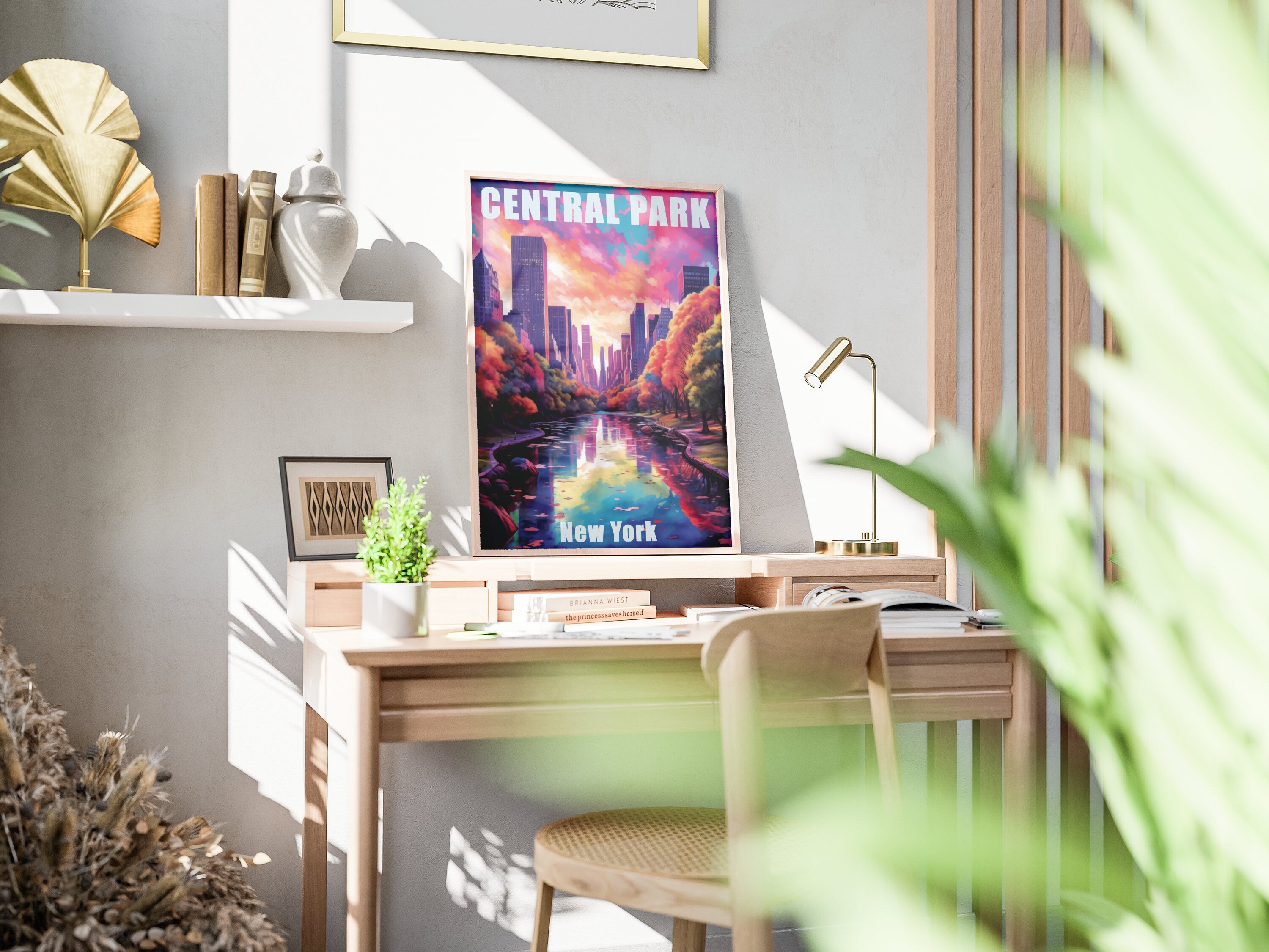 New York Oil Painting Poster, Central Park Print, Sunset Light, Manhattan Colorful Wall Art, NYC, USA Travel Gift, Vibrant Bright Colors