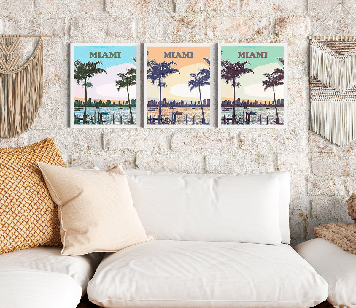 Miami Vintage Poster, Set Of 3 Skyline, Florida Colorful Print, Decorative For Traveller, Aesthetic Retro Poster, Trendy Print Set Download - DreamBrothers