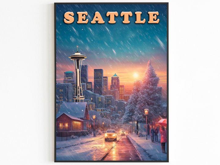 Seattle Vintage Poster, Sunset Light, Winter Nostalgic Art, Travel Poster Gift For Christmas, Washington Colorful, Decor For World Traveler