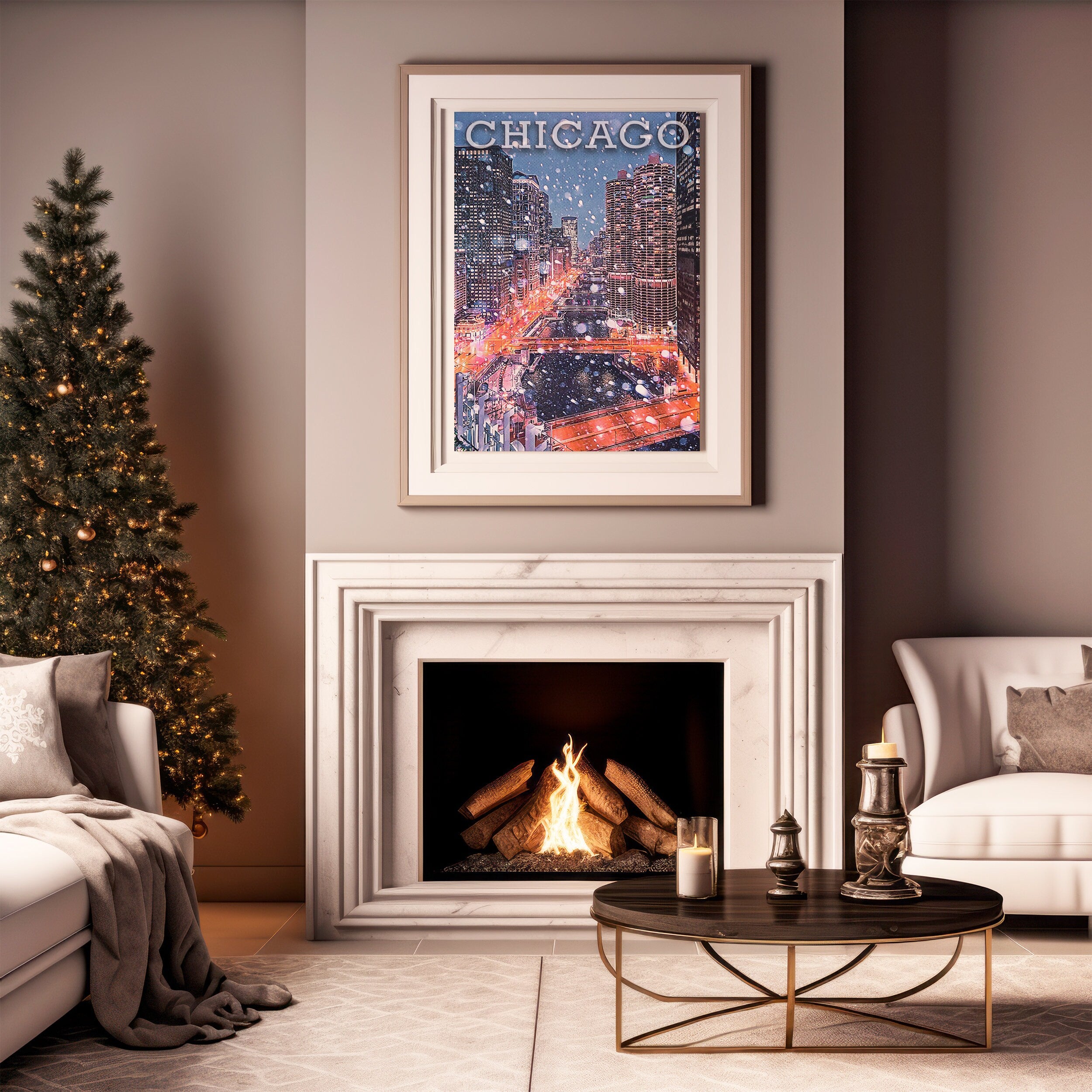 Chicago Winter, Illinois Travel Print, Chicago Skyline, Snowing City, USA Travel Poster Gift, Aesthetic Christmas Holiday - DreamBrothers