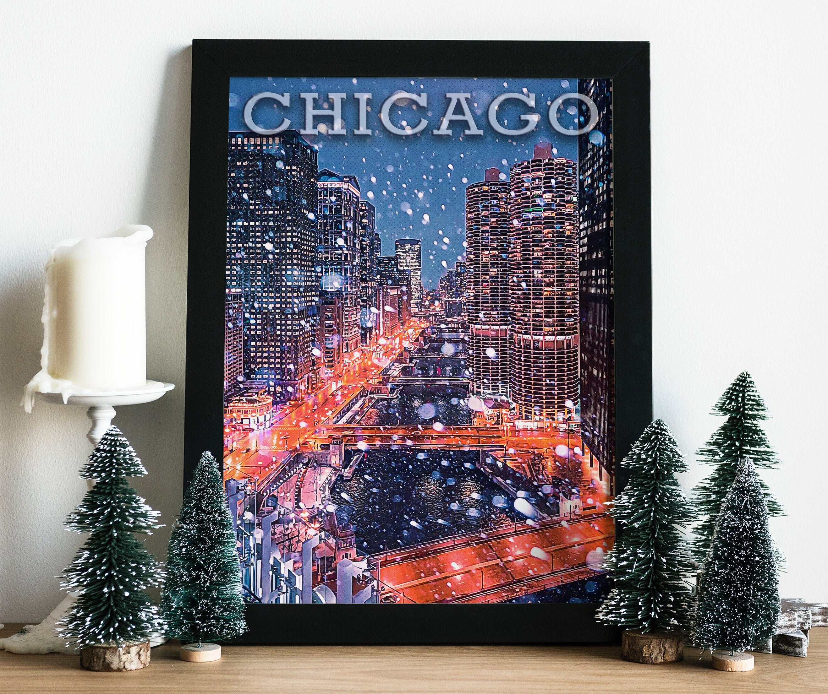 Chicago Winter, Illinois Travel Print, Chicago Skyline, Snowing City, USA Travel Poster Gift, Aesthetic Christmas Holiday - DreamBrothers