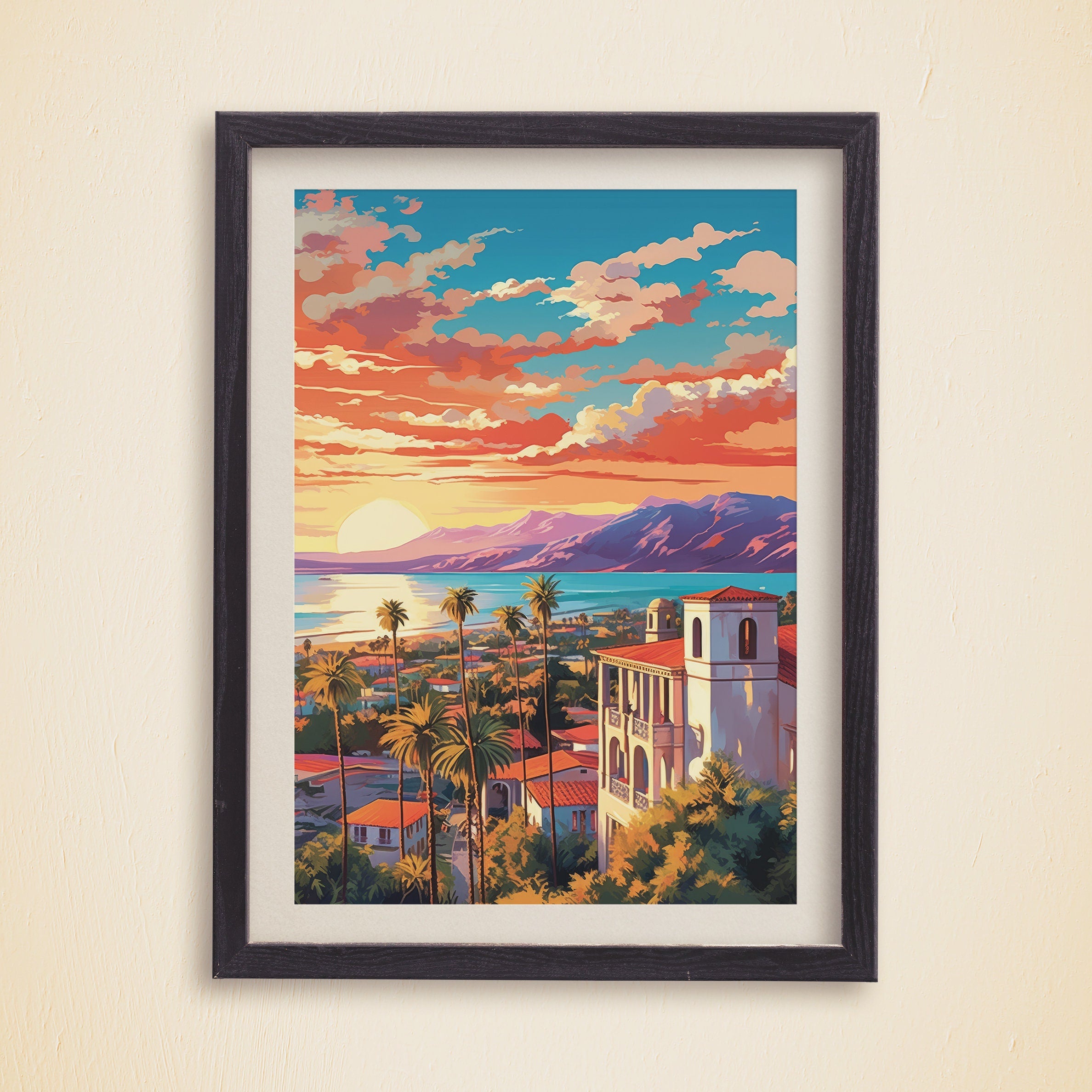 Santa Barbara Poster, 5 Piece Printable Wall Art, Sunset Pastel, California Travel Set, Set of 5 Travel Prints, Vibrant Retro Poster - DreamBrothers