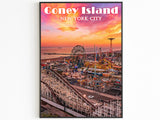 Stampa di Coney Island, arte murale colorata di New York, montagne russe, poster regalo di Brooklyn, luna park, USA vibranti, tramonto estetico, skyline di New York