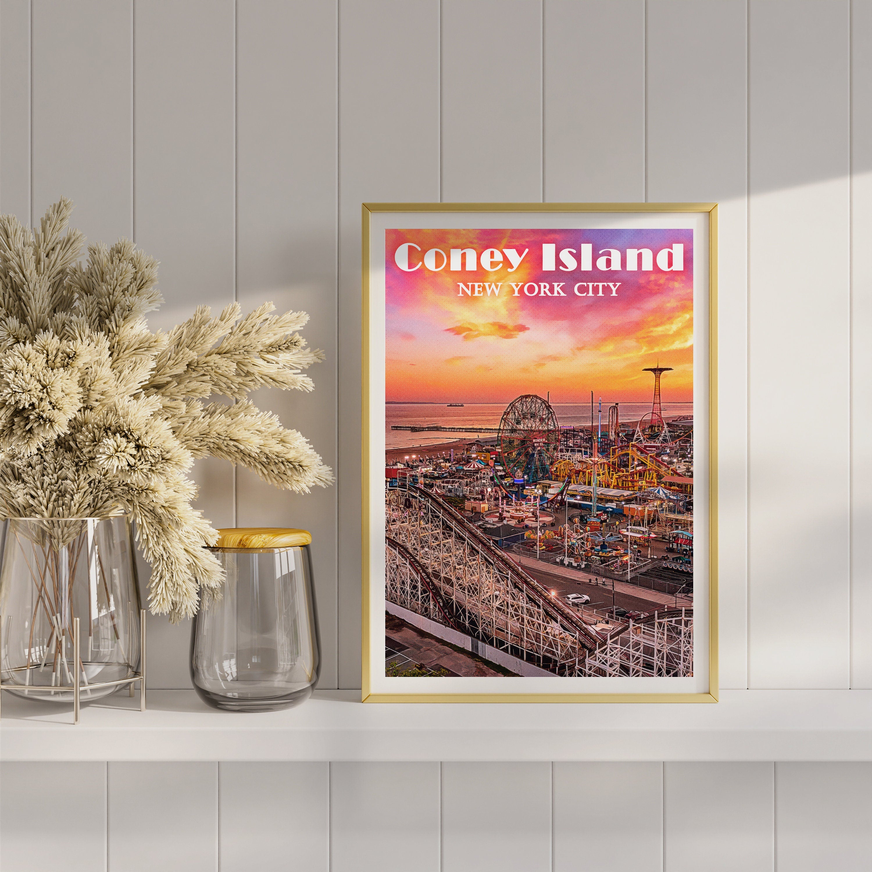 Coney Island Print, New York Colorful Wall Art, Rollercoaster, Brooklyn Poster Gift, Funfair, Vibrant USA, Aesthetic Sunset, NYC Skyline