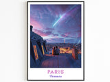 Poster di Parigi, Stella cadente, Arte murale romantica, Cielo viola, Regalo perfetto per lei, Poster di viaggio colorato, Regalo di coppia estetico