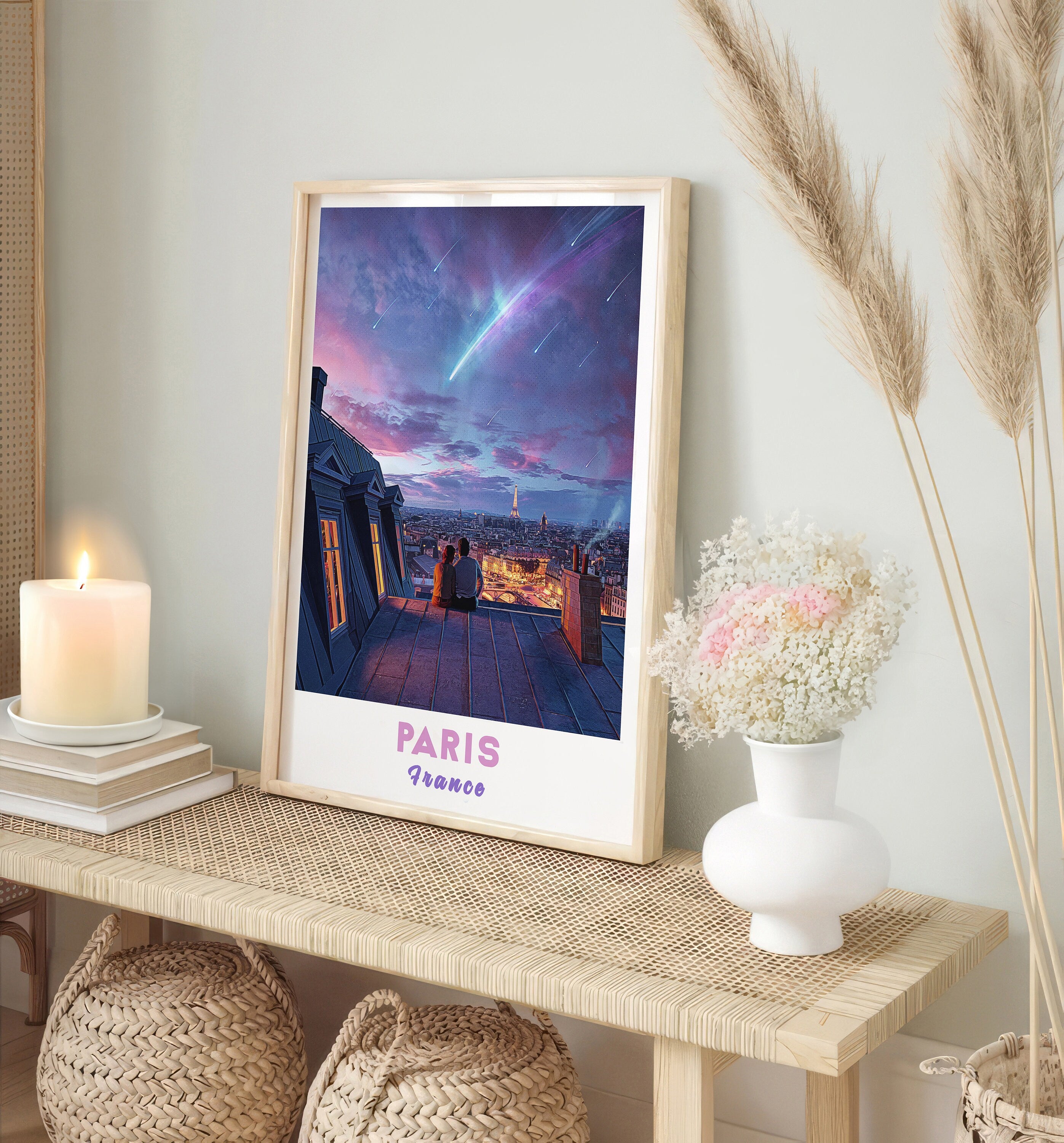 Paris Poster, Shooting Star, Romantic Wall Art, Purple Sky, Perfect Gift For Her, Colorful Travel Poster, Aesthetic Couple Gift