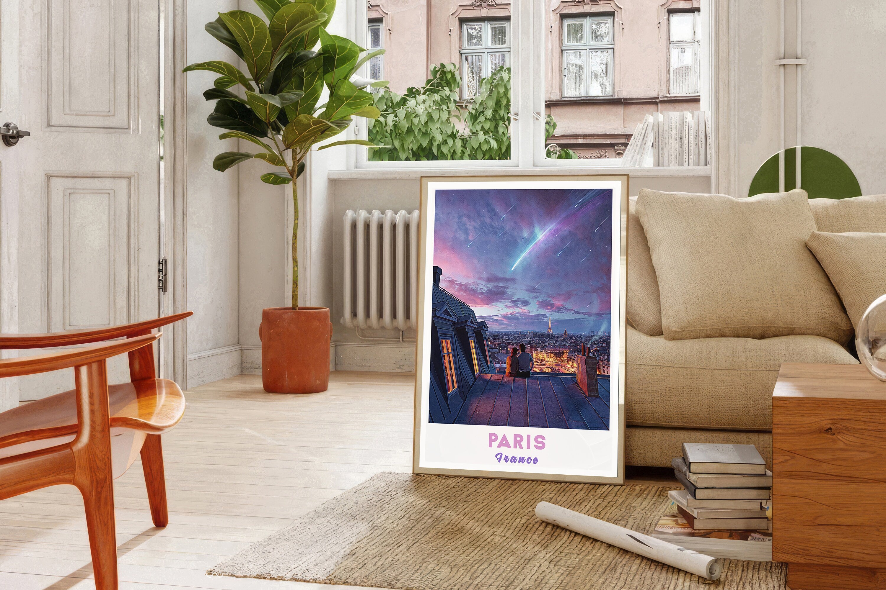Paris Poster, Shooting Star, Romantic Wall Art, Purple Sky, Perfect Gift For Her, Colorful Travel Poster, Aesthetic Couple Gift