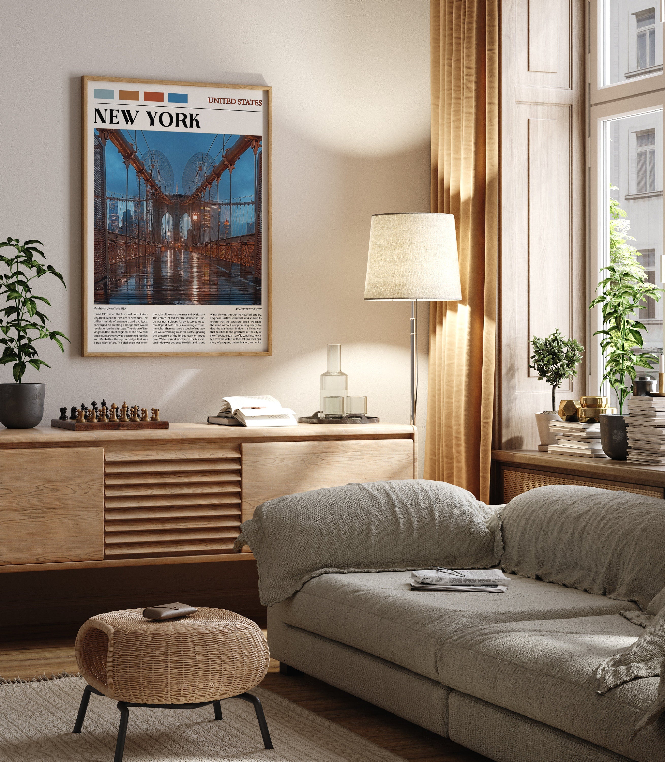 New York Bridge Travel Poster, Big Apple, Manhattan Bridge Wall Art, Rainy Day, NYC Gift, American Cultural History, USA Trip, Famous Place