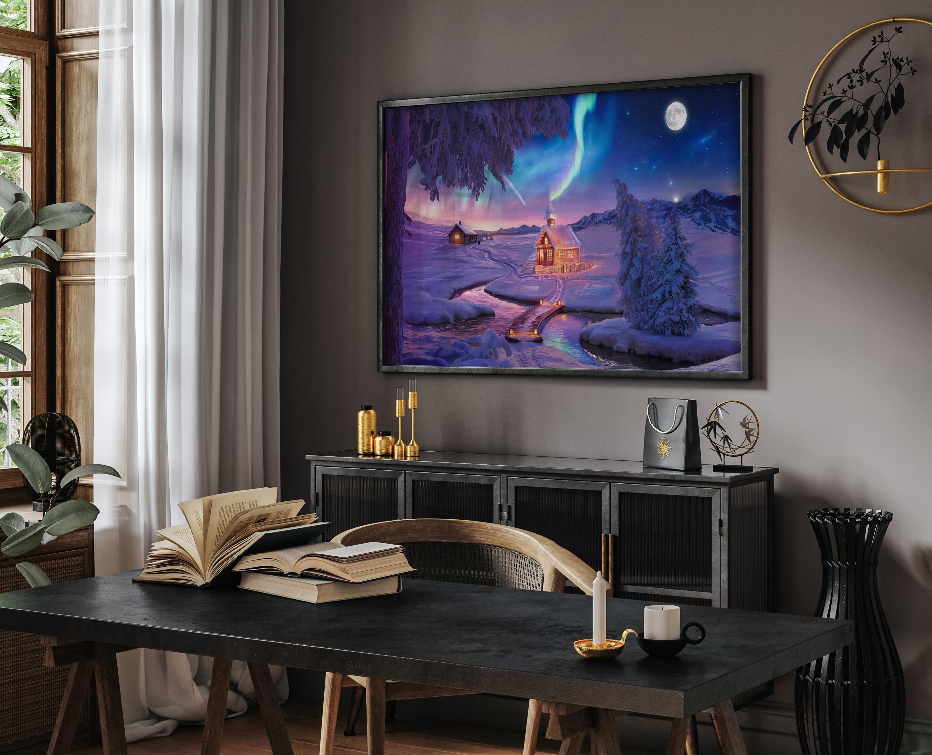 Colorful Winter Wonderland Poster - Dream Night, Northern Lights Mountain, Moon Phase Print, Starry Sky Night, Oil Painting Panoramic Art