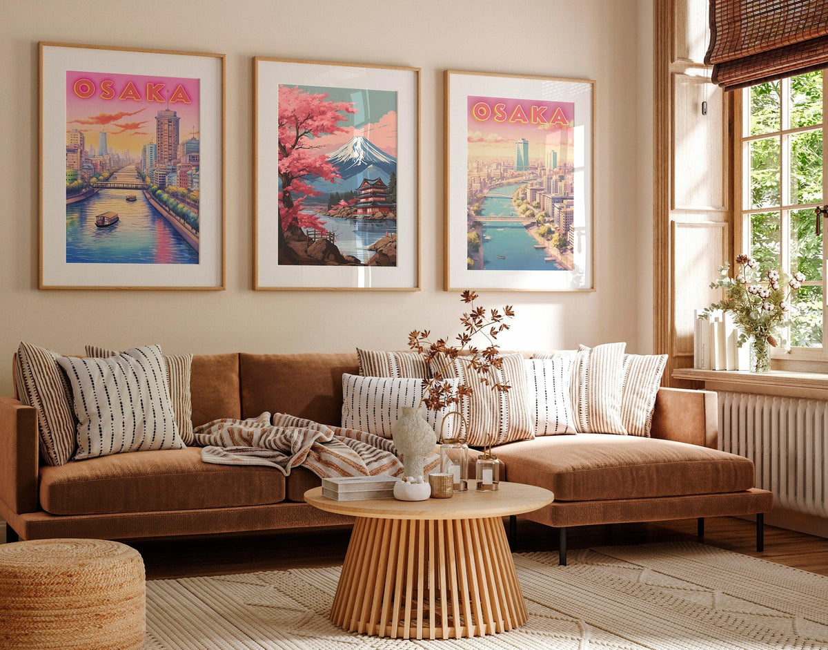 Set Of 3 Japan Poster, Pink Cherry Blossom Print, Mount Fuji Poster, Osaka Poster, Japanese Colorful Set, Home Decoration For Traveller - DreamBrothers