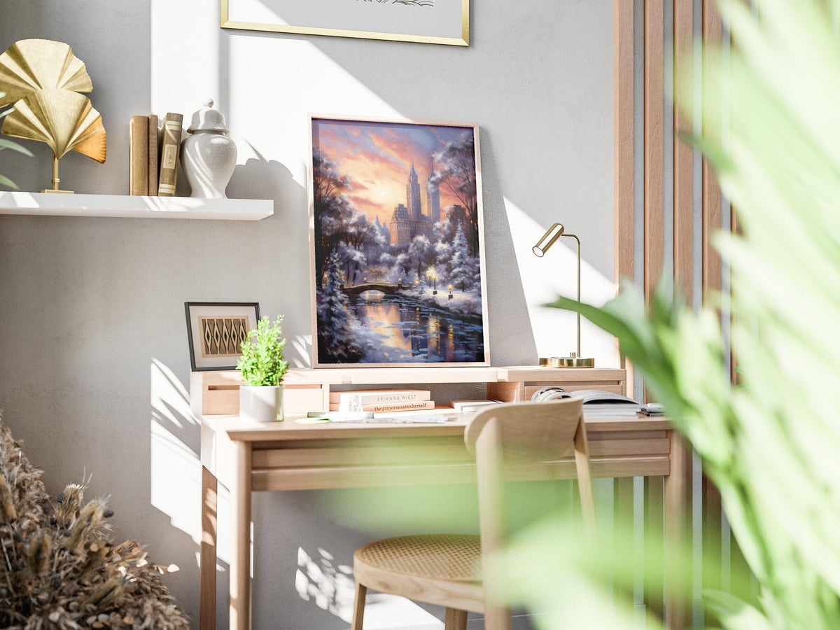 New York Winter Poster, Central Park Poster, Sunset Lights, Decor For World Traveller, Oil Painting Christmas Gift, Aesthetic Snowing - DreamBrothers