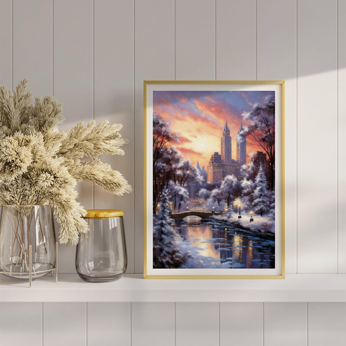 New York Winter Poster, Central Park Poster, Sunset Lights, Decor For World Traveller, Oil Painting Christmas Gift, Aesthetic Snowing - DreamBrothers