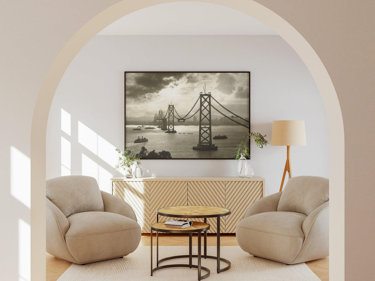 San Francisco Vintage Print, Oakland Bay Bridge Under Construction, Black And White Photography, California Gift, Old Historical Photo - DreamBrothers