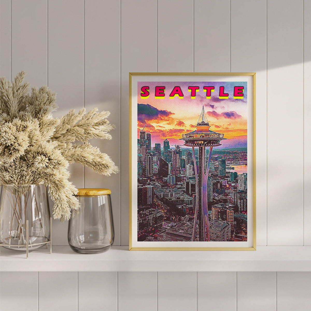 Seattle Poster, Vaporwave Sunset Clouds, Retro Vibrant Poster, Washington Colorful, Printable Wall Art For World Traveller - DreamBrothers
