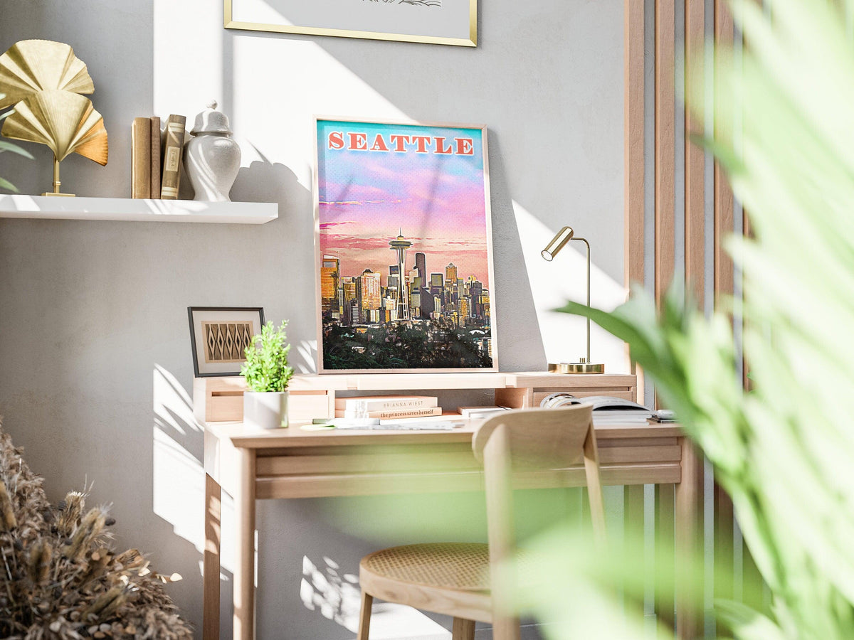 Seattle Poster • Printable Wall Art For World Traveller • Pink Orange Colorful • Retro Vibrant Print • USA Travel Gift • Digital Download - DreamBrothers