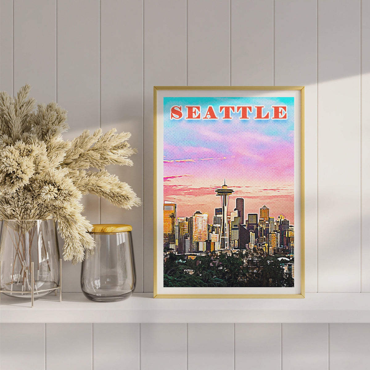 Seattle Poster • Printable Wall Art For World Traveller • Pink Orange Colorful • Retro Vibrant Print • USA Travel Gift • Digital Download - DreamBrothers