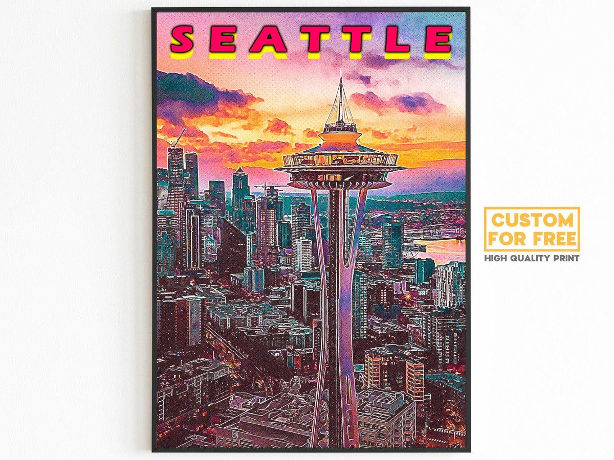 Seattle Poster, Vaporwave Sunset Clouds, Retro Vibrant Poster, Washington Colorful, Printable Wall Art For World Traveller - DreamBrothers