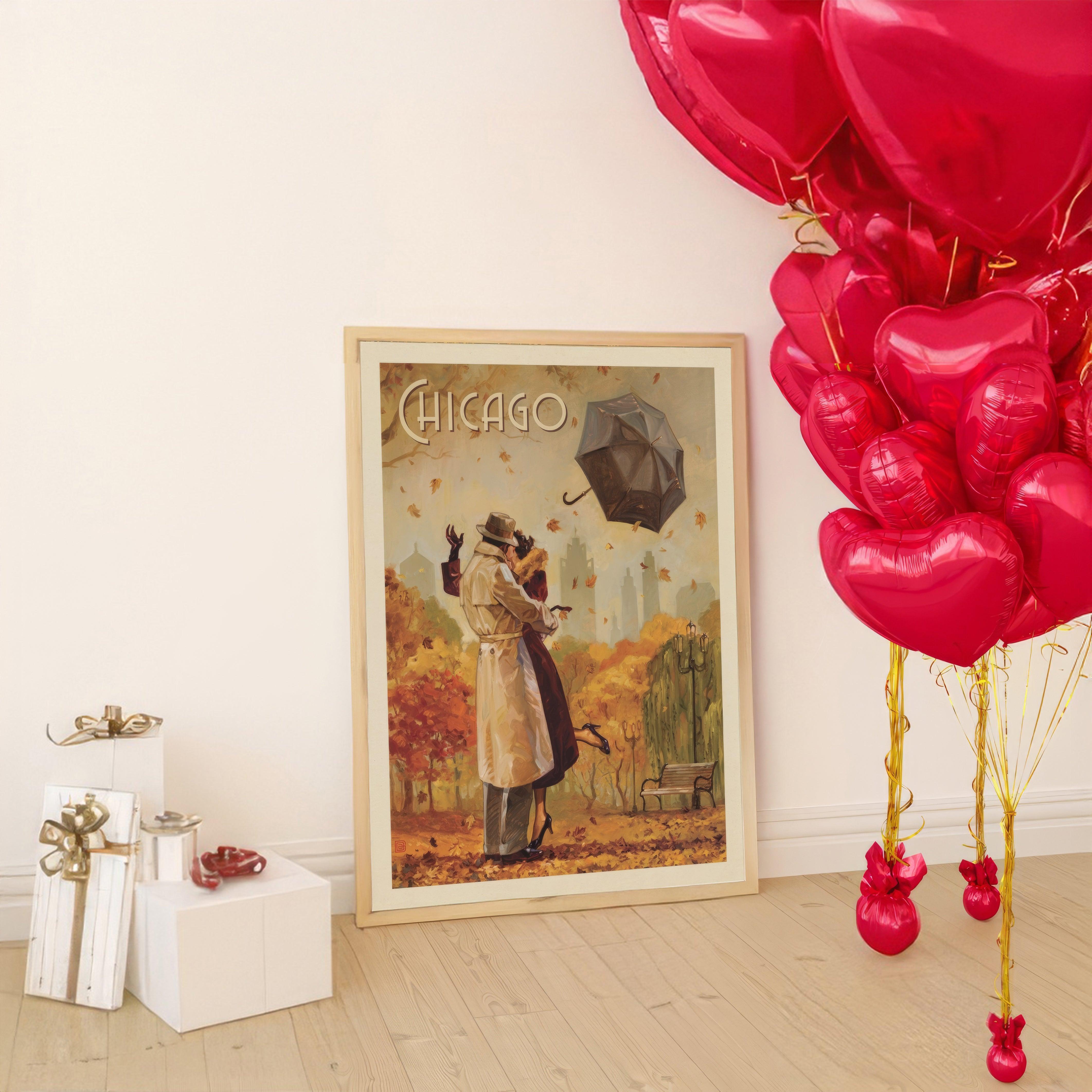 Vintage Chicago poster of a couple kissing in autumn leaves, oak frame beside red heart balloons