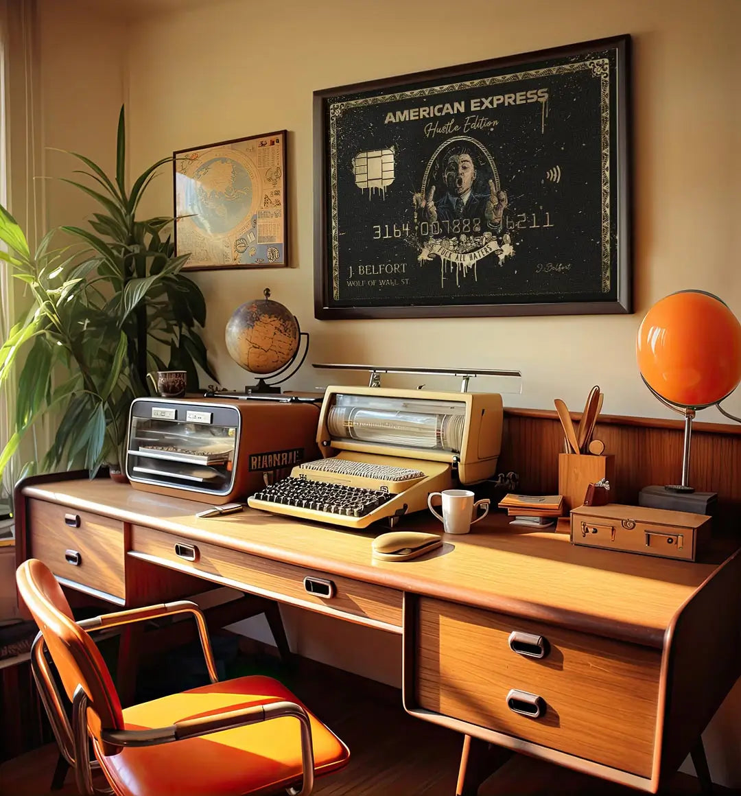 Wolf of Wall Street Amex canvas art above a vintage wooden desk with a typewriter in a retro studio